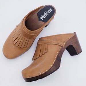 Sandgrens Venice Fringed Clog Heeled Mule Brown Leather Slip On Size 40 US 9-9.5